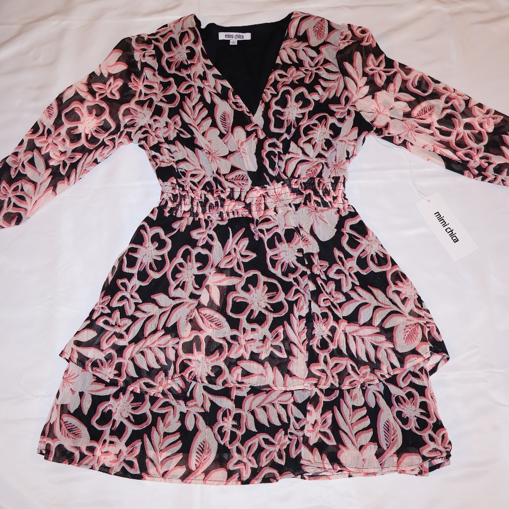 Mimi Chica Pink and Black Floral Dress with Gold Shimmery Accents.